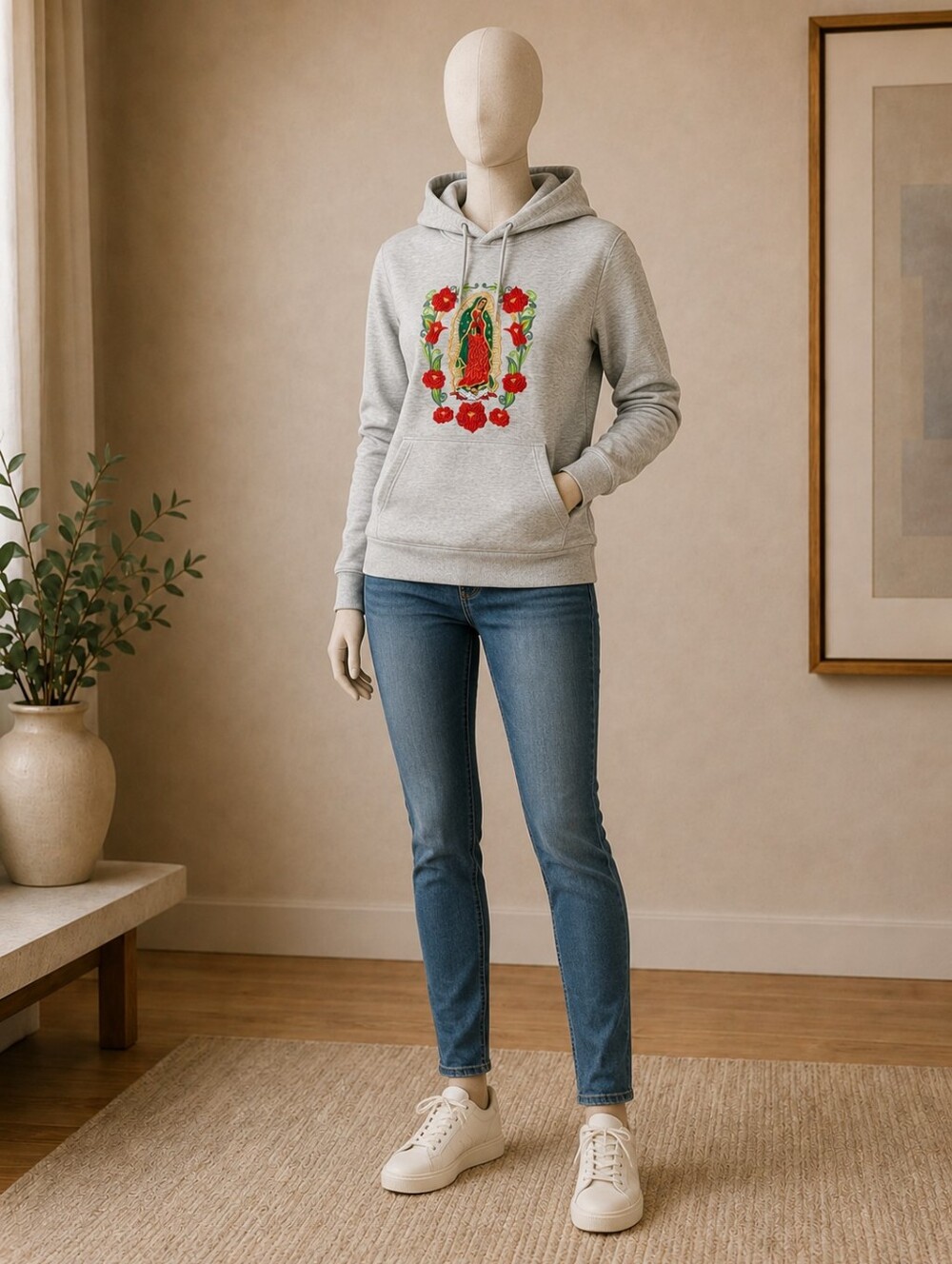 Virgin Mary Guadalupe Embroidered Gray Hoodie Roses Streetwear Mens Womens